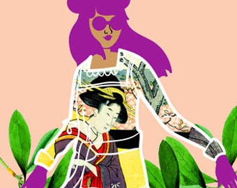 Girl in Utamaro Dress Art Print, Japanese Print Illustration, Graphic Fashion Illustration, Contemporary Ukiyo e Art, 5x7, 8x10, 11x14