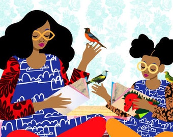 Copycat Art Print, Colorful Family Illustration, Sisters Art, Mother and Daughter Print, African American Art