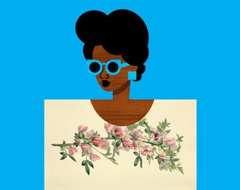 Postcard Girl Art in Blue, (African American Blue Fashion Art, Woman in Floral Illustration) 12x12 Square Print