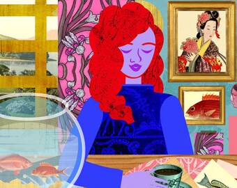 Aquarium Room Art Print, Cottage Style Home Illustration, Interior Design Collage, Redhead Girl Artwork, Ukiyoe Style Print