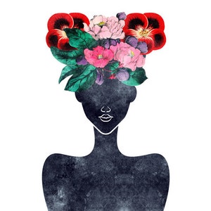 Floral Crown Silhouette Art  (0002), Flower Portrait Print Illustration, 5x7, 8x10, 11x14