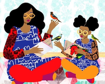 Copycat Art Print, Colorful Family Illustration, Sisters Art, Mother and Daughter Print, African American Art