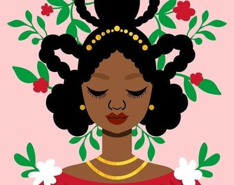 Royalty in Red Print, African American Art, Black Princess Art, Black Queen Art, Natural Hair Art, African Braids Art, Art by Tabitha Brown