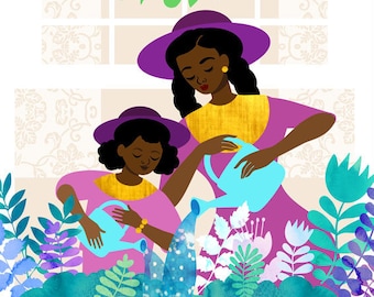 Outside Houseplants Art Print, Childrens Art, African American Art, Little Girl Art, Black Art, Mother and Daughter Art, 12x12 Art Print