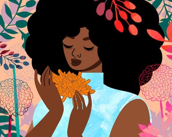 Chrysanthèmes en Novembre Art Print, Birth Month Art, Art afro-américain, Art d’automne, Novembre Flower Art, Tabitha Brown Art