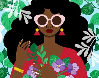 African Violets Art Print, Art afro-américain, Purple Flower Art, Black Woman Art, Red and White Sorority, Mother Nature Art