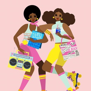 Roller Skaters Art Print, Retro Roller Skating Illustration, Roller Derby Art, Sorority Sister, Natural Hair Art, African American Art