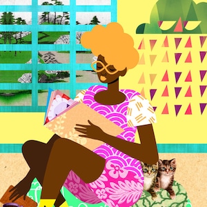 Kitten Room Art Print, Cute Cat and Girl Illustration, Cat Lover Wall Art, African American Woman, Colorful Collage Print, Black Woman Art