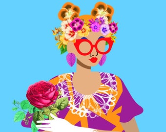 May Flowers Art Print, Collage Latina Illustration, Ethnic Fashion Art Print, African American Woman, Purple and Orange Mother Nature Art