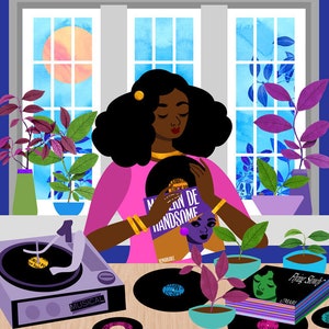 Record Player Art Print, Urban Loft Illustration, Music Lover Print, House Plant Art Print, Black Girl Art, Nature Lover Art, 12x12 Print image 1