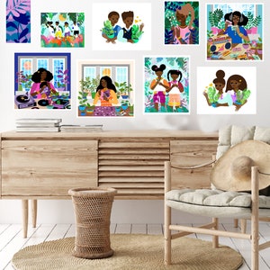 Record Player Art Print, Urban Loft Illustration, Music Lover Print, House Plant Art Print, Black Girl Art, Nature Lover Art, 12x12 Print image 4