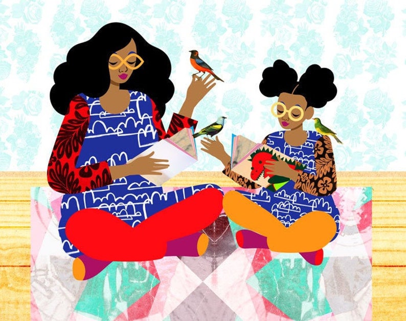 Copycat Art Print, Colorful Family Illustration, Sisters Art, Mother and Daughter Print, African American Art image 1