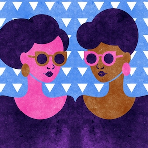 Girls in Purple and Sunglasses Art (Retro Summer Fashion African American Print, 1960s Inspired Natural Hair Women) 5x7, 8x10, 11x14