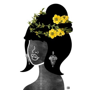 Wildflower Crown Art Print (0004), Black and White Woman Silhouette with Yellow Floral Crown Wall Art, 5x7, 8x10, 11x14, 12x12