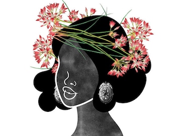 Wildflower Crown Art Print (0003), Black and White Forest Princess Silhouette with Floral Crown Wall Art, 5x7, 8x10, 11x14, 12x12