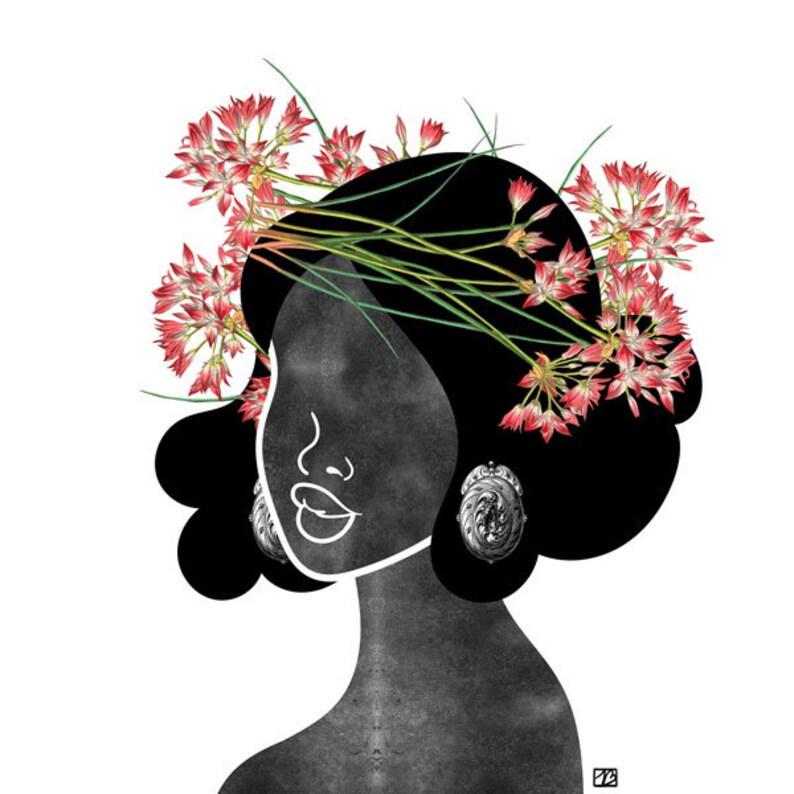 Couronne de fleurs sauvages Art Print 0003, noir et blanc forêt Silhouette de princesse avec Couronne florale Wall Art, 5 x 7, 8 x 10, 11 x 14, 12 x 12 image 1