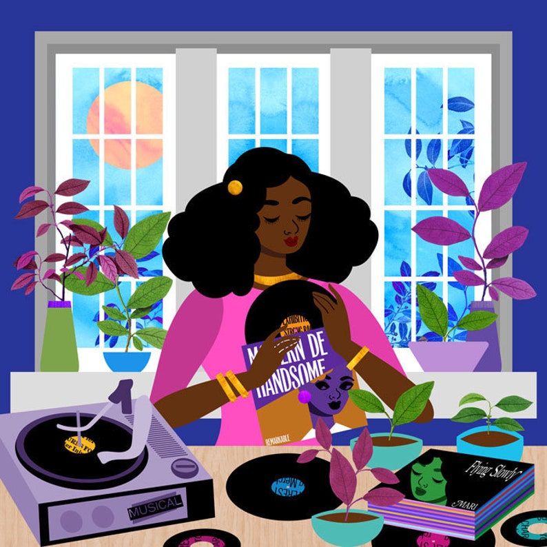 Record Player Art Print, Urban Loft Illustration, Music Lover Print, House Plant Art Print, Black Girl Art, Nature Lover Art, 12x12 Print image 1