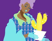 Cactus Caretaker Print,  (Modern Ukiyo-e Style, Black Fashion Art, Urban Garden Illustration) 5x7 8x10 11x14