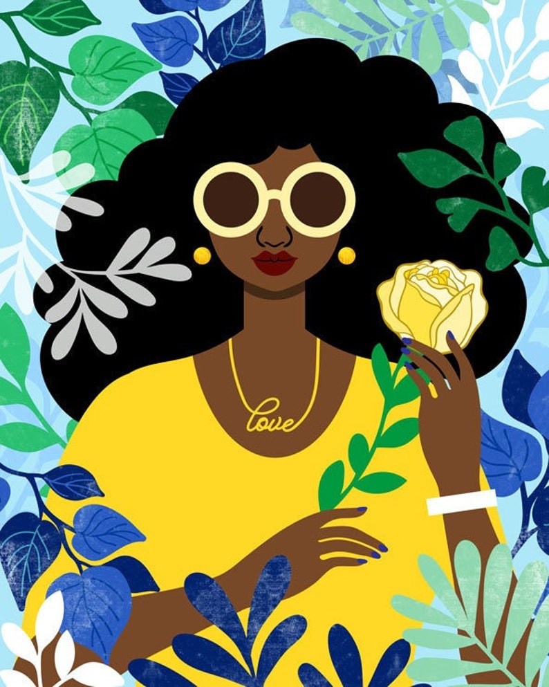Gold and Yellow Rose Art Print, African American Art, Yellow Rose Art, Black Woman Art, Gold and Blue Sorority, Mother Nature Art image 1