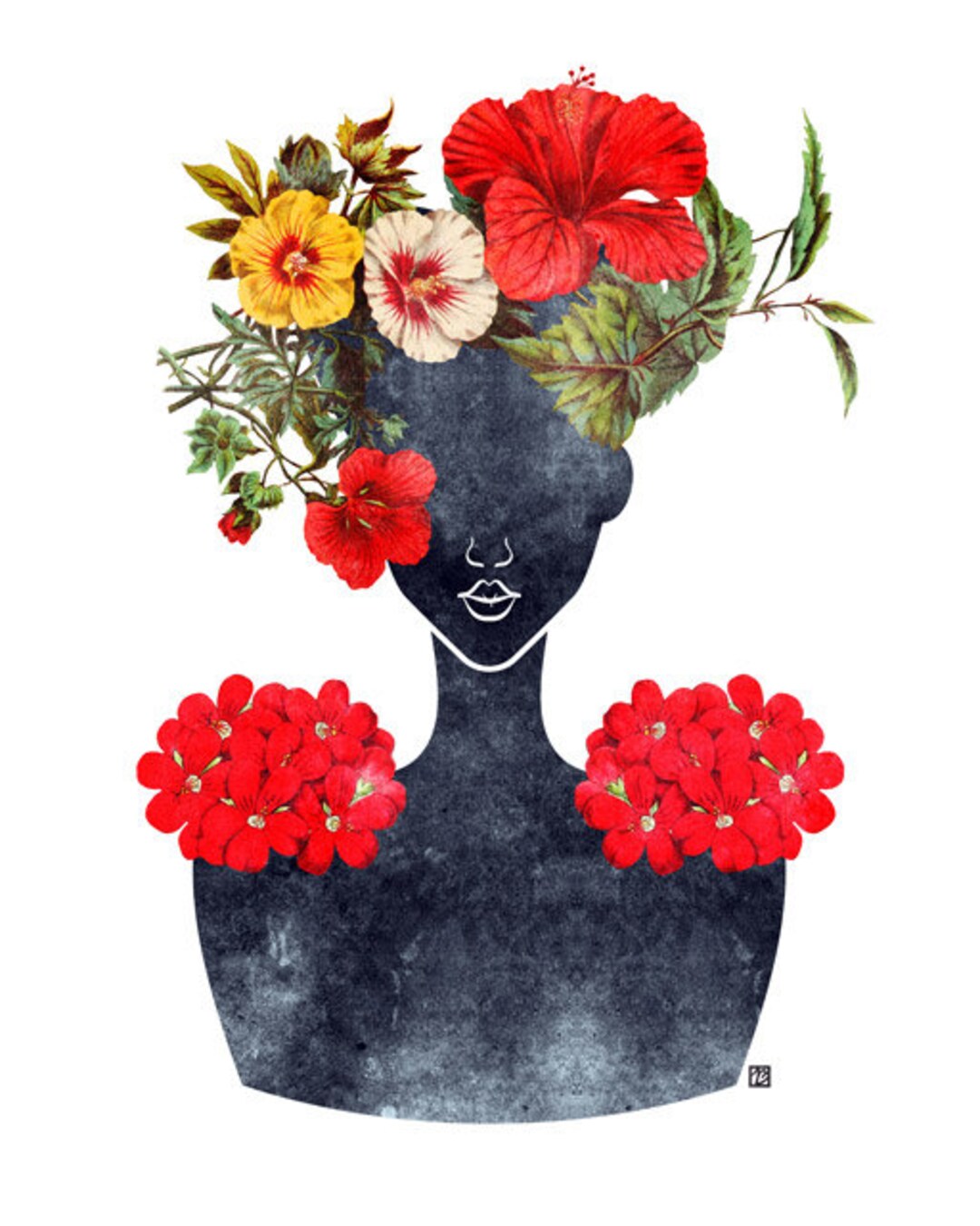 Flower Crown Silhouette Art Print 0001, Dark Botanical Valentine