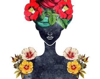 Flower Natural Hair Silhouette Art Print (0003), Rose Valentine Dark Fashion Portrait Illustration, 5x7, 8x10, 11x14