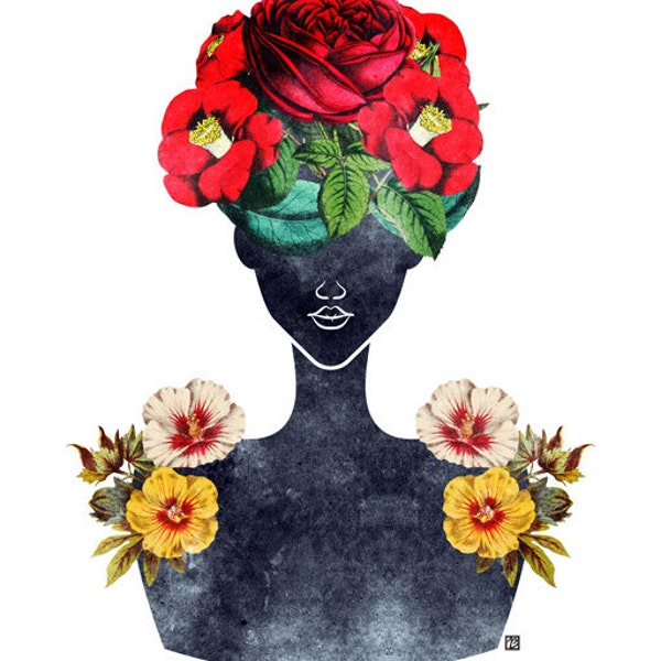 Flower Natural Hair Silhouette Art Print (0003), Rose Valentine Dark Fashion Portrait Illustration, 5x7, 8x10, 11x14