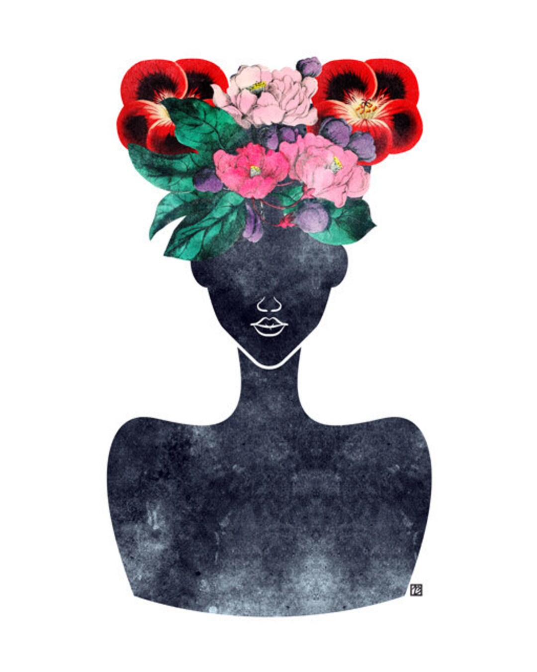 Floral Crown Silhouette Art 0002, Flower Portrait Print Illustration