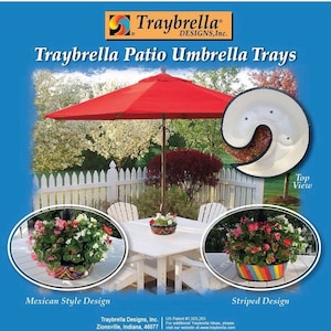 May include: Two patio umbrella trays with different designs. The tray on the left has a Mexican-style design with colorful patterns. The tray on the right has a striped design with colorful stripes. Both trays are made of white ceramic and have a hole in the center for the umbrella pole. The text "Traybrella Designs, Inc." and "US Patent #7,503,265" is visible at the bottom of the image.
