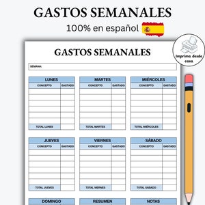 Puede incluir: Un rastreador de gastos semanales imprimible en español. El rastreador está dividido en secciones para cada día de la semana, con columnas para "Concepto" y "Gastado". También hay una sección para un resumen semanal y notas.