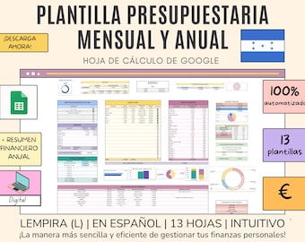 Monthly and Annual Budget in Honduran Lempiras (HNL), Digital Planner for Personal Finances in Honduras, Google Sheets, Honduran Lempira
