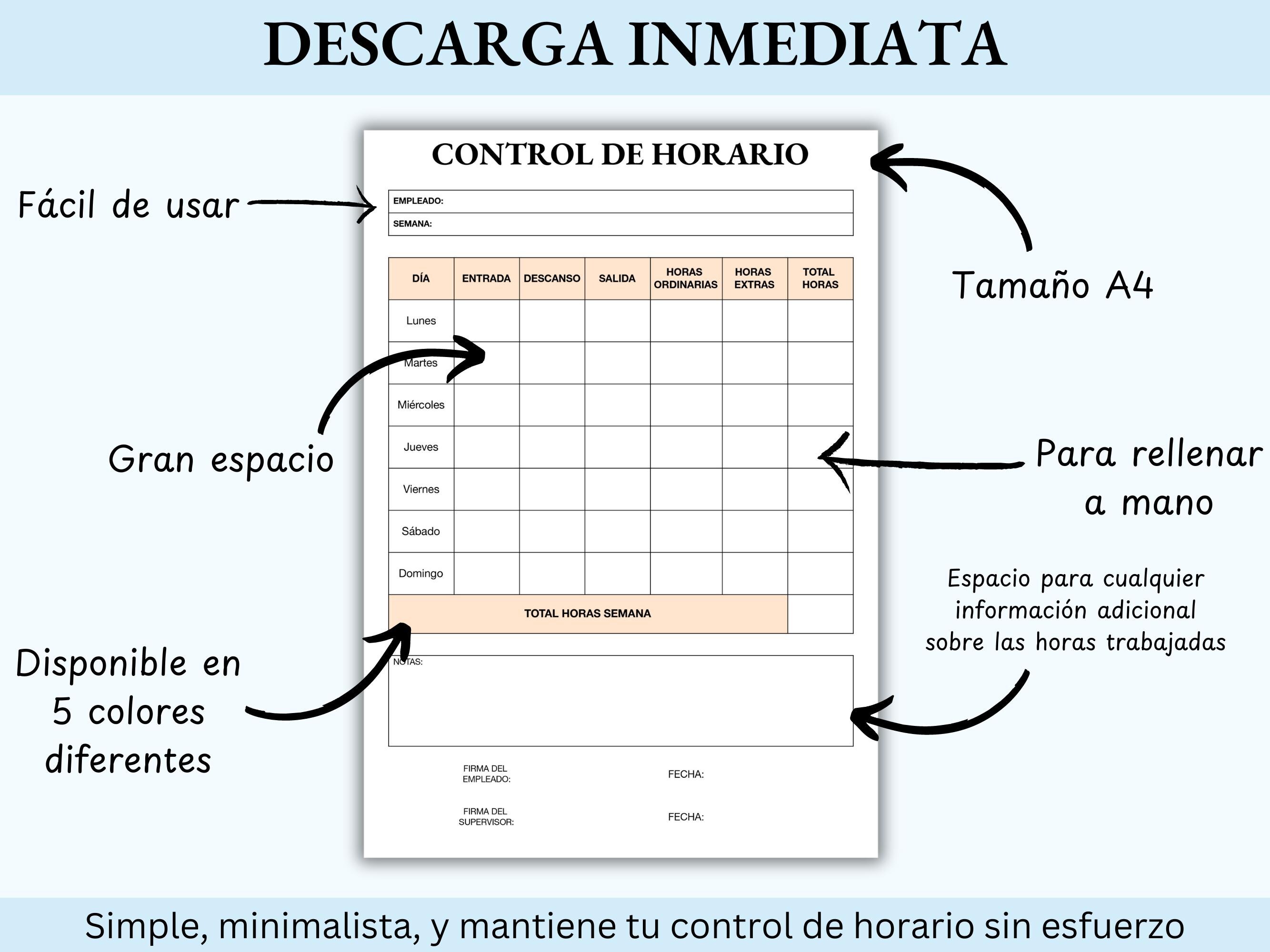 Spanish Time Sheet.pdf Employee TIME CONTROL in SPANISH, Time Sheet, Work Hours Record, Worked ...