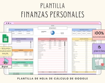 Plantilla FINANZAS PERSONALES MENSUAL resumen anual, Planificador digital ingresos y gastos, Español Euros Presupuesto hoja de cálculo Excel