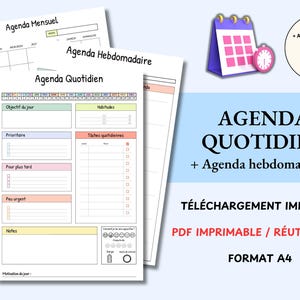 May include: A digital planner with the text "Agenda Quotidien" and "Agenda Hebdomadaire". The image includes a calendar icon, a clock, and a gift box. The planner pages have sections for daily tasks, notes, and goals.