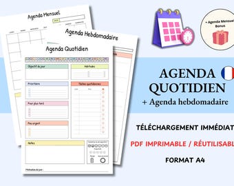 Daily monthly agenda PDF A4, Printable planner A4, journal organizer, printable agenda, planning feuille