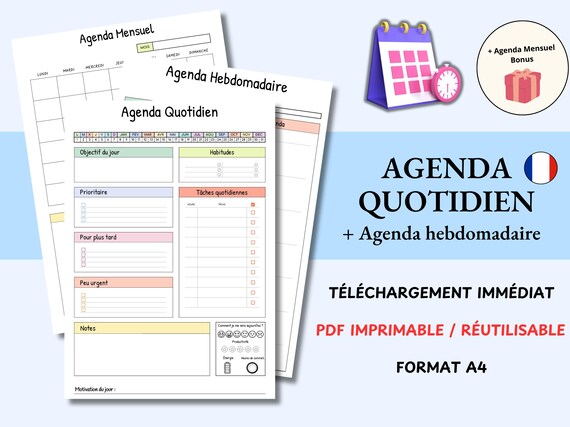 Agenda quotidien hebdomadaire mensuel PDF A4, Printable planner A4, organisateur journalier, agenda à imprimer, feuille de planification
