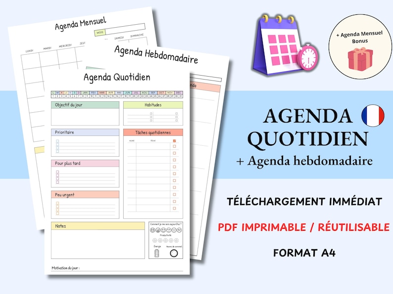May include: A digital planner with the text "Agenda Quotidien" and "Agenda Hebdomadaire". The image includes a calendar icon, a clock, and a gift box. The planner pages have sections for daily tasks, notes, and goals.