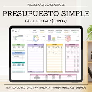 Puede incluir: Una hoja de cálculo digital mostrada en una tableta, con datos financieros y gráficos. El texto en la parte superior dice "PRESUPUESTO SIMPLE" y "FÁCIL DE USAR (EUROS)". La parte inferior de la pantalla muestra "PLANTILLA DIGITAL | DESCARGA INMEDIATA | FINANZAS MENSUALES | EN EUROS".