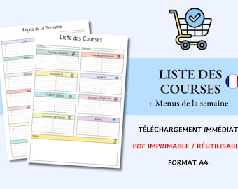 Liste de courses PDF – Planificateur repas hebdomadaire, menu hebdomadaire pratique, Feuille Liste de courses en Français, Plan repas facile