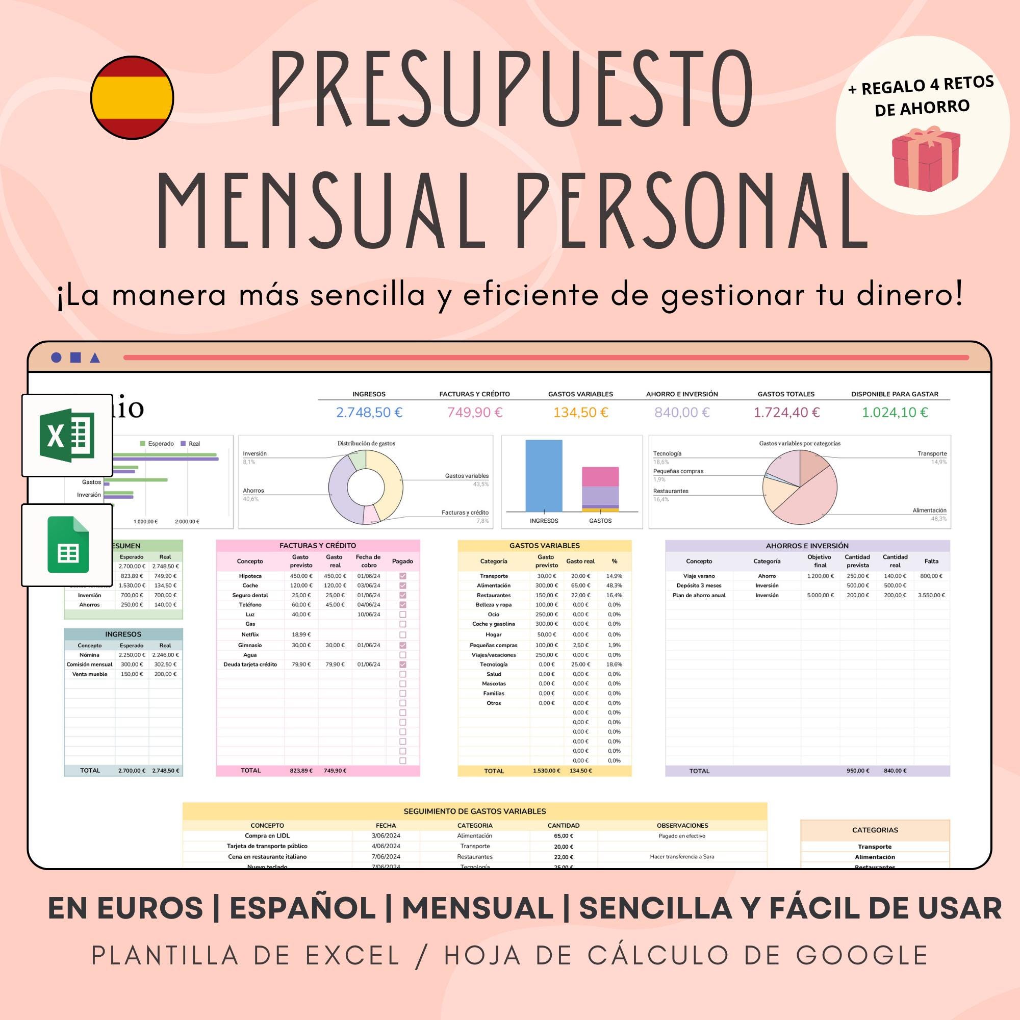 Personal Monthly Budget Template (Spanish) - Expense and Income Tracker, Digital Personal Finance Planner in EUROS EXCEL