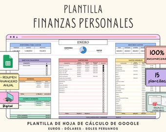 Plantilla FINANZAS PERSONALES MENSUAL resumen anual, Planificador digital ingresos y gastos, Español Presupuesto hoja de cálculo euro dolar