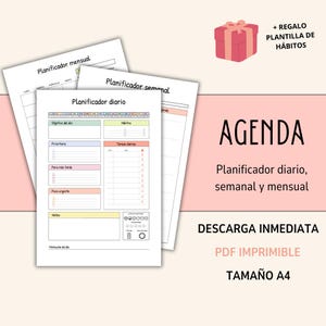 Planificador diario, agenda día, organización, lista tareas, mensual, anual, PDF imprimible, digital, horario, descarga instantánea,
