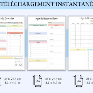 May include: Three printable planner pages with the text "T&Eacute;L&Eacute;CHARGEMENT INSTANTAN&Eacute;" at the top. The pages include a daily, weekly, and monthly planner layout. Each page is A4 size, measuring 8.3 x 11.7 inches.