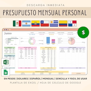 Plantilla presupuesto mensual personal (español), Control de gastos e ingresos, planificador digital de finanzas personales en DOLARES EXCEL