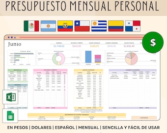 Personal Monthly Budget Template (Spanish), Expense and Income Tracker, Digital Personal Finance Planner in Excel Dollars