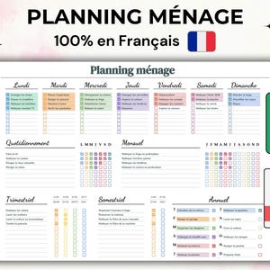 以下が含まれることがあります： カラフルなデザインの印刷可能なフランス語の家事用プランナー。プランナーには、毎日、毎週、毎月、四半期ごと、半年ごと、年ごとのセクションが含まれています。プランナーはフランス語で100％です。