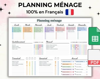 Planning de Ménage Modifiable et imprimable, Planning Hebdomadaire Mensuel Annuel, Organization de la Maison Téléchargement Digital FRANÇAIS