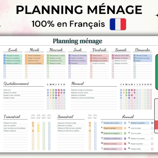 Planning de Ménage Modifiable et imprimable, Planning Hebdomadaire Mensuel Annuel, Organisation de la Maison Téléchargement Digital FRANÇAIS