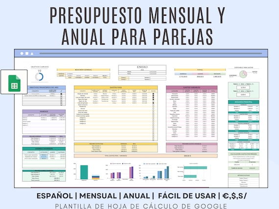 PLANIFICADOR para PAREJAS digital de ingresos y gastos en ESPAÑOL - Plantilla presupuesto personal mensual, Hojas de cálculo Google