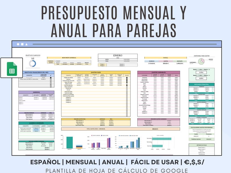 Digital Income and Expense Planner for Couples in Spanish - Monthly Personal Budget Template, Google Sheets image 1