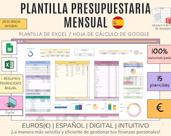 Digital Income and Expense Planner in Spanish (Euros) - Monthly Personal Budget Template, Excel and Google Sheets 2026